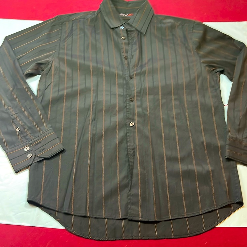 Thirty Six Red BROWN Button up dress SHIRT collared stretch orange stripe XL men